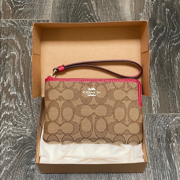 Coach Handbags - Coach Corner Zip Wristlet- Khaki/True Red